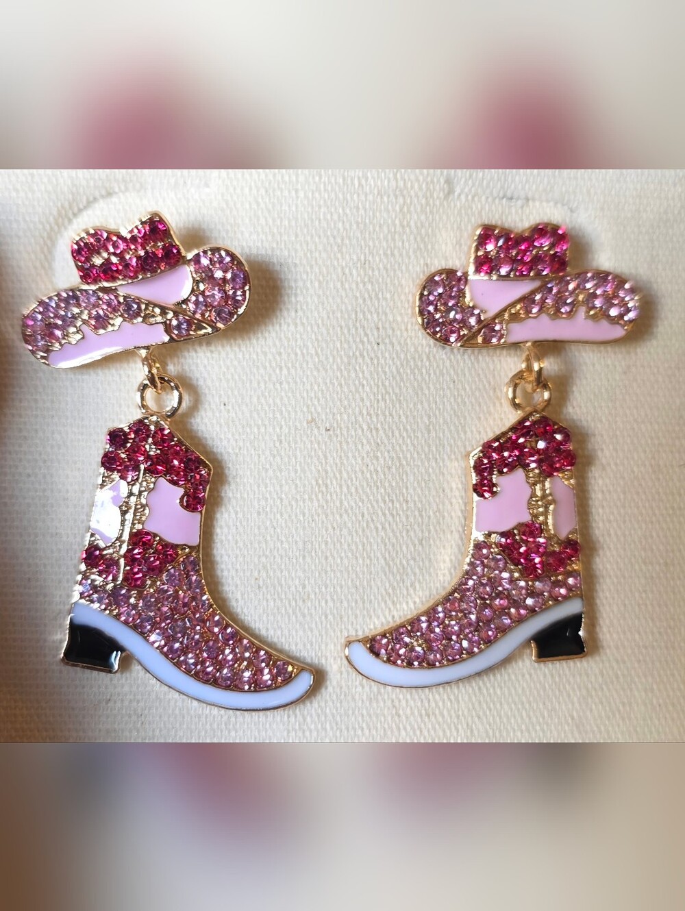 Source Unknown Pink and Gold Cowboy Boot Drop Earrings